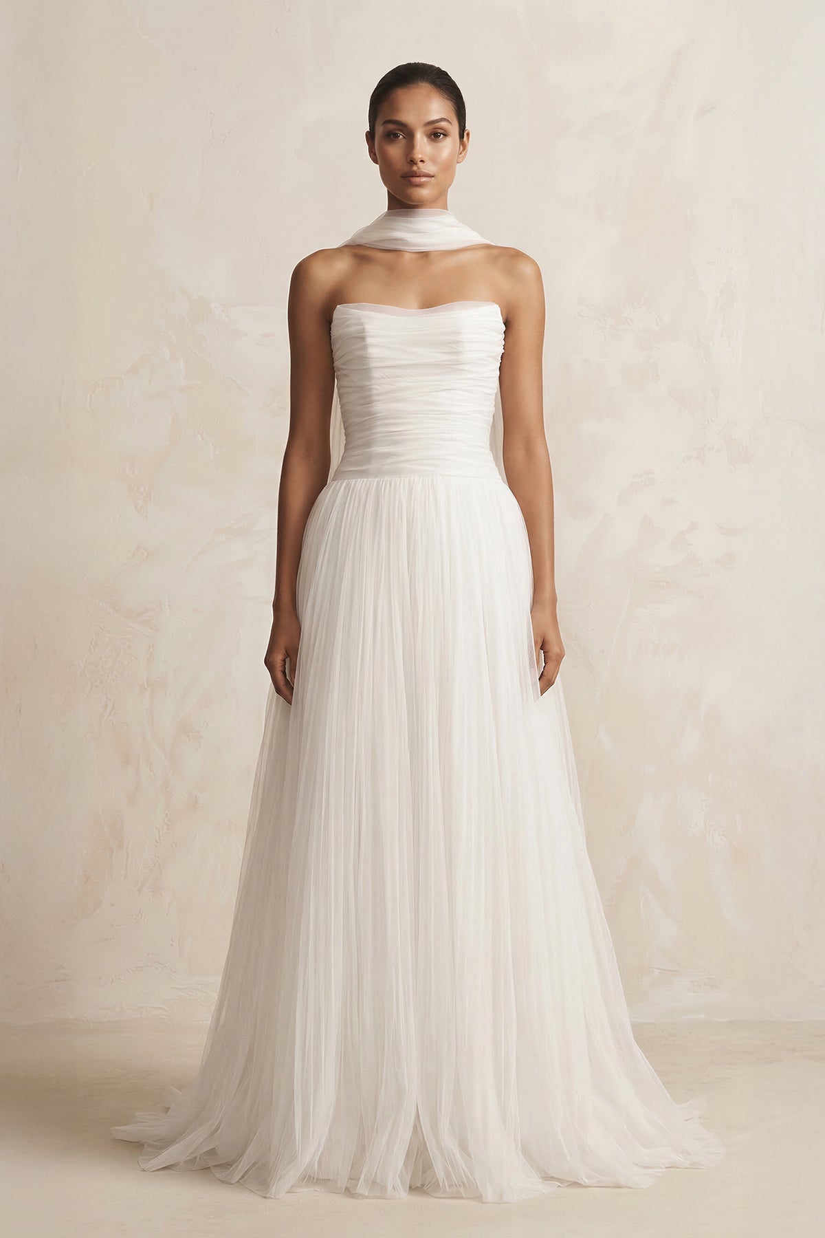 Strapless Chiffon A - Line Pleated Scarf Wedding Dress in Ivory - SHE IS ME Wedding Dresses