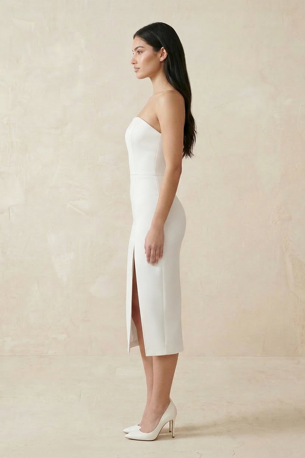 Strapless Crepe Sheath Midi Wedding Dress in White - SHE IS ME Wedding Dresses