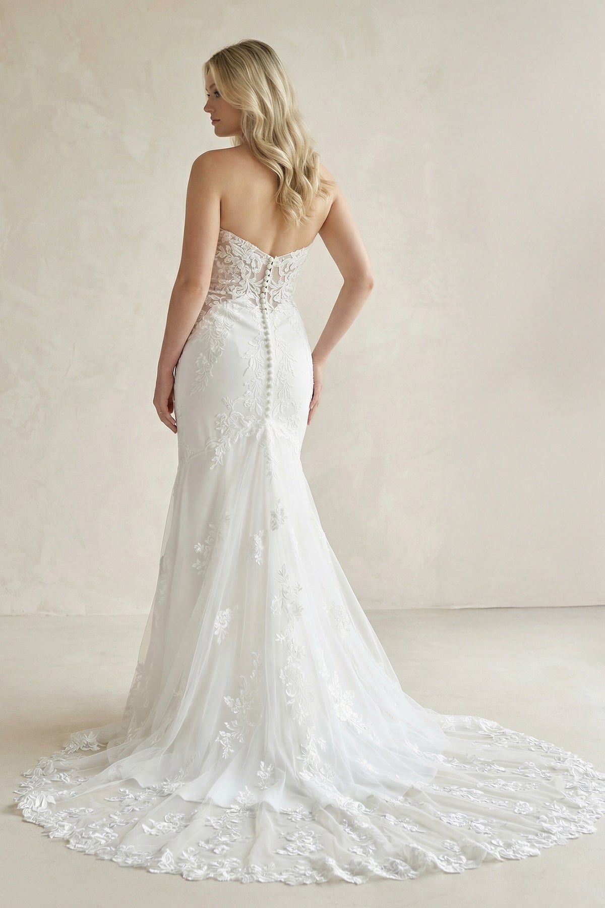 Strapless Lace Appliqued Corset Wedding Dress in White - SHE IS ME Wedding Dresses
