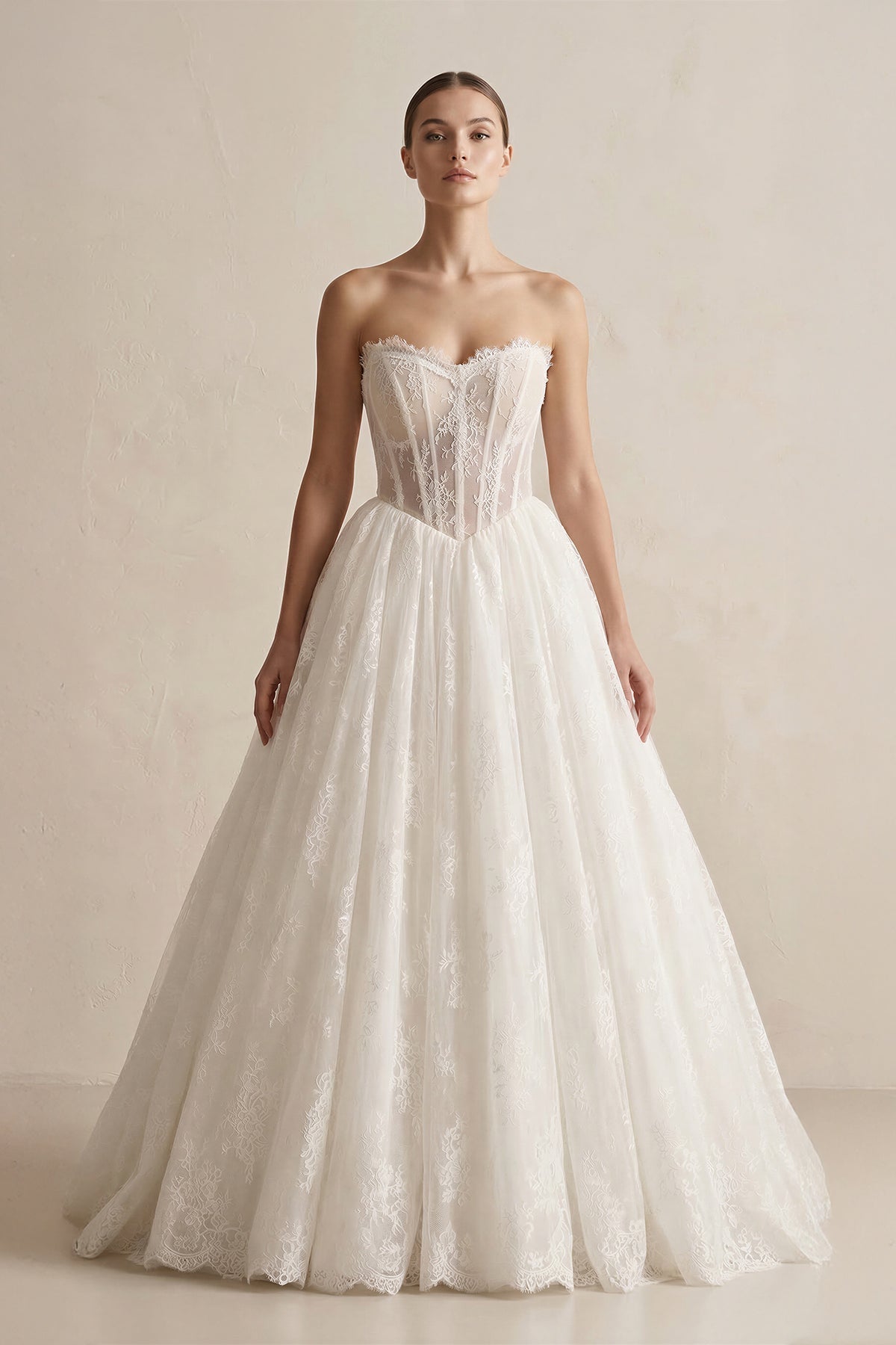 Strapless Lace Basque Waist Ball Gown Wedding Dress in Ivory - SHE IS ME Wedding Dresses