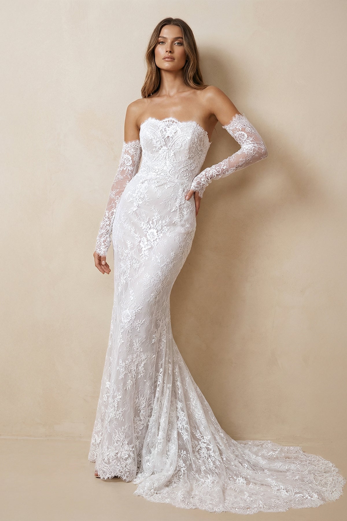 Strapless Lace Sheath Long Sleeve Wedding Dress in Ivory - SHE IS ME Wedding Dresses