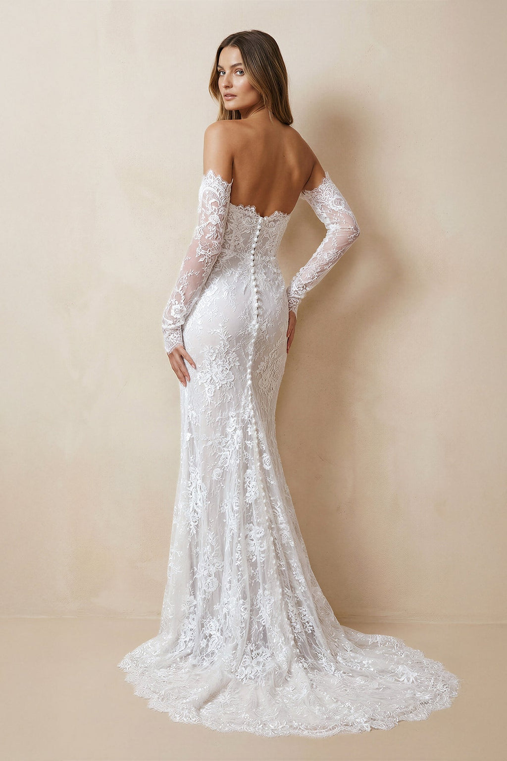 Strapless Lace Sheath Long Sleeve Wedding Dress in Ivory - SHE IS ME Wedding Dresses