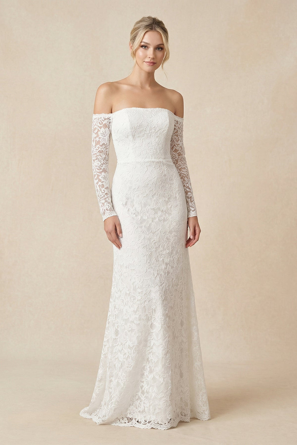 Strapless Long Sleeve Lace Sheath Wedding Dress in White - SHE IS ME Wedding Dresses