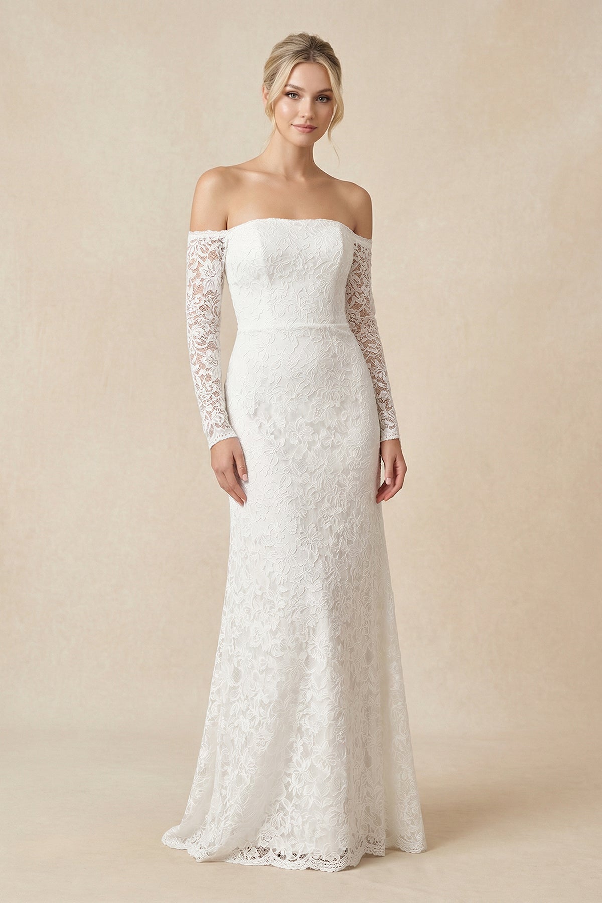 Strapless Long Sleeve Lace Sheath Wedding Dress in White - SHE IS ME Wedding Dresses