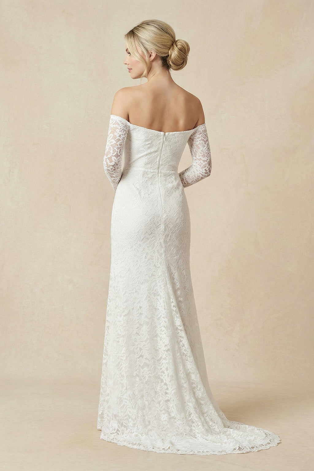Strapless Long Sleeve Lace Sheath Wedding Dress in White - SHE IS ME Wedding Dresses