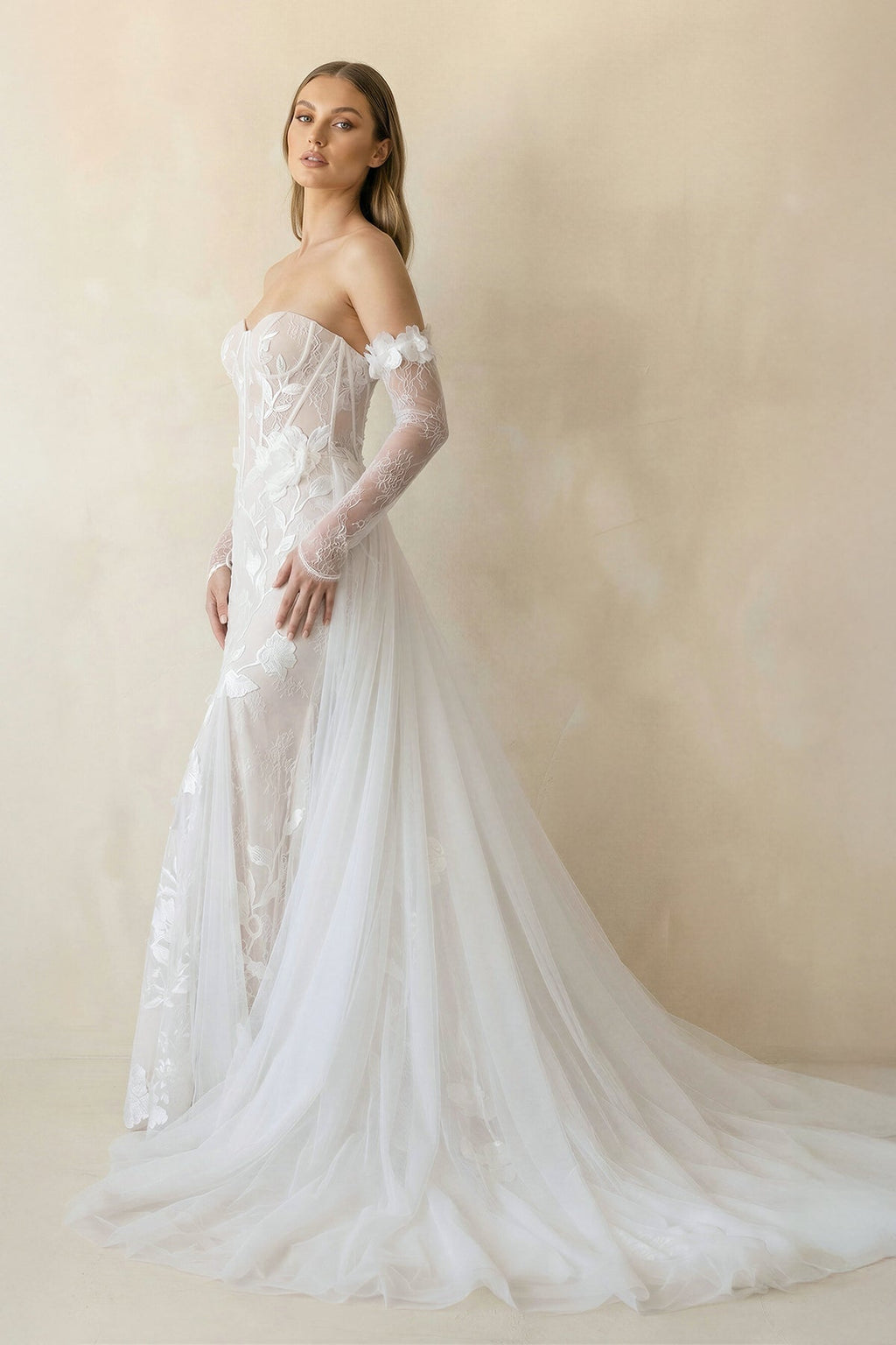 Strapless Mermaid Tulle Wedding Dress With Floral in Ivory - SHE IS ME Wedding Dresses
