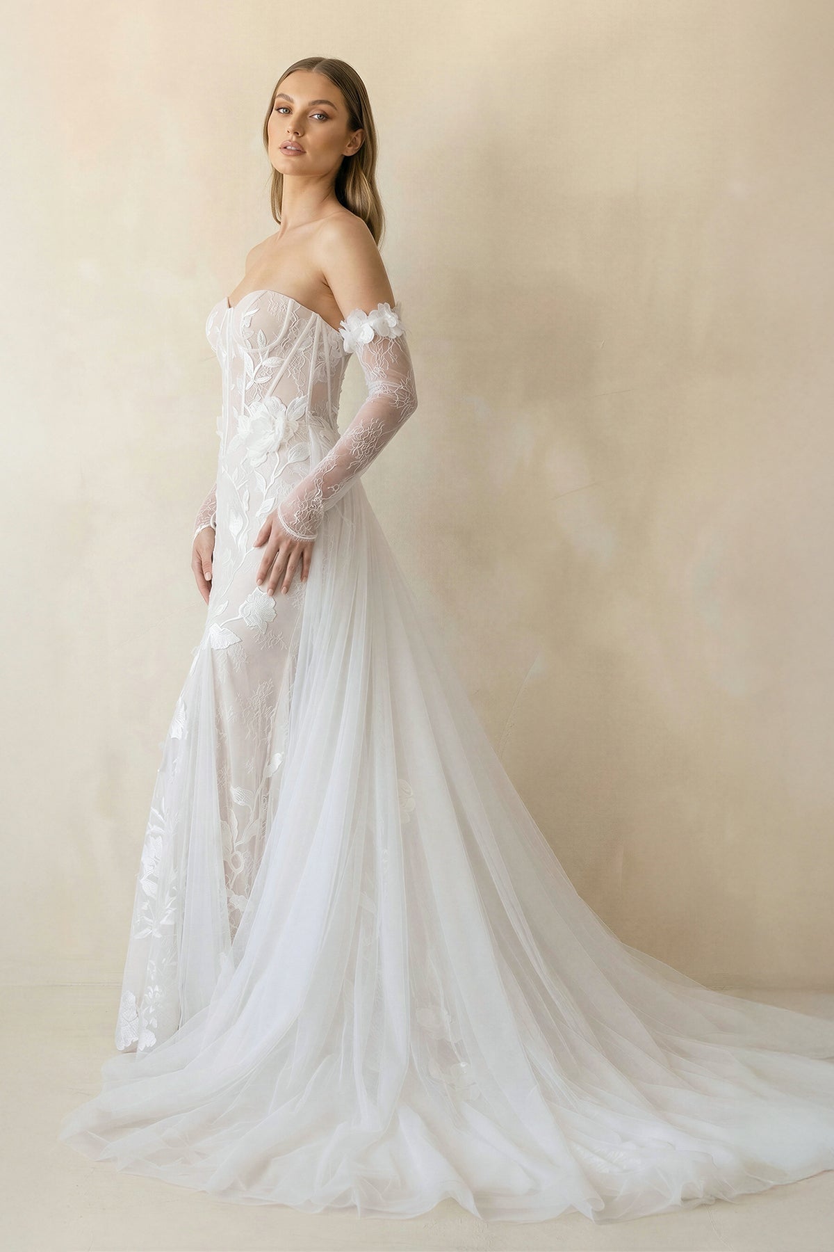 Strapless Mermaid Tulle Wedding Dress With Floral in Ivory - SHE IS ME Wedding Dresses
