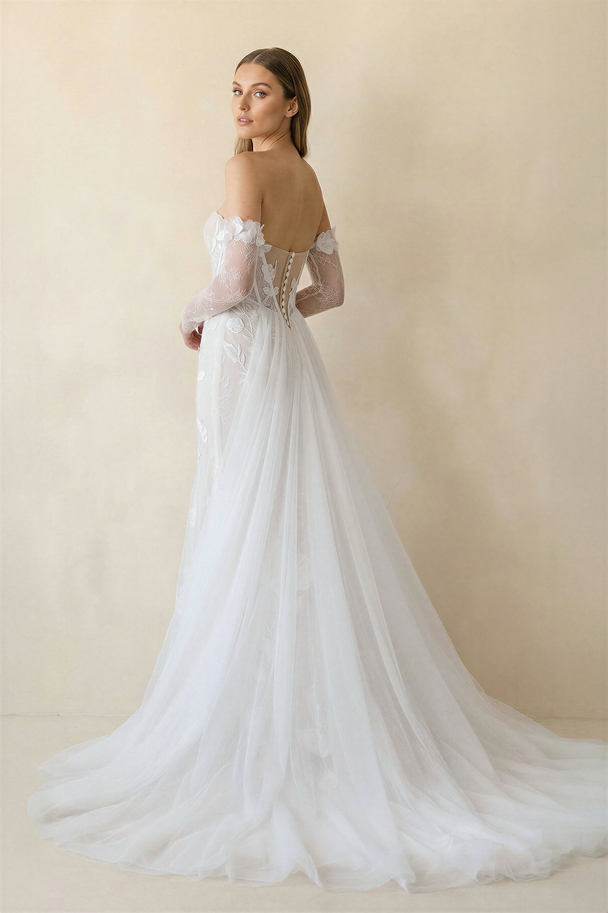 Strapless Mermaid Tulle Wedding Dress With Floral in Ivory - SHE IS ME Wedding Dresses