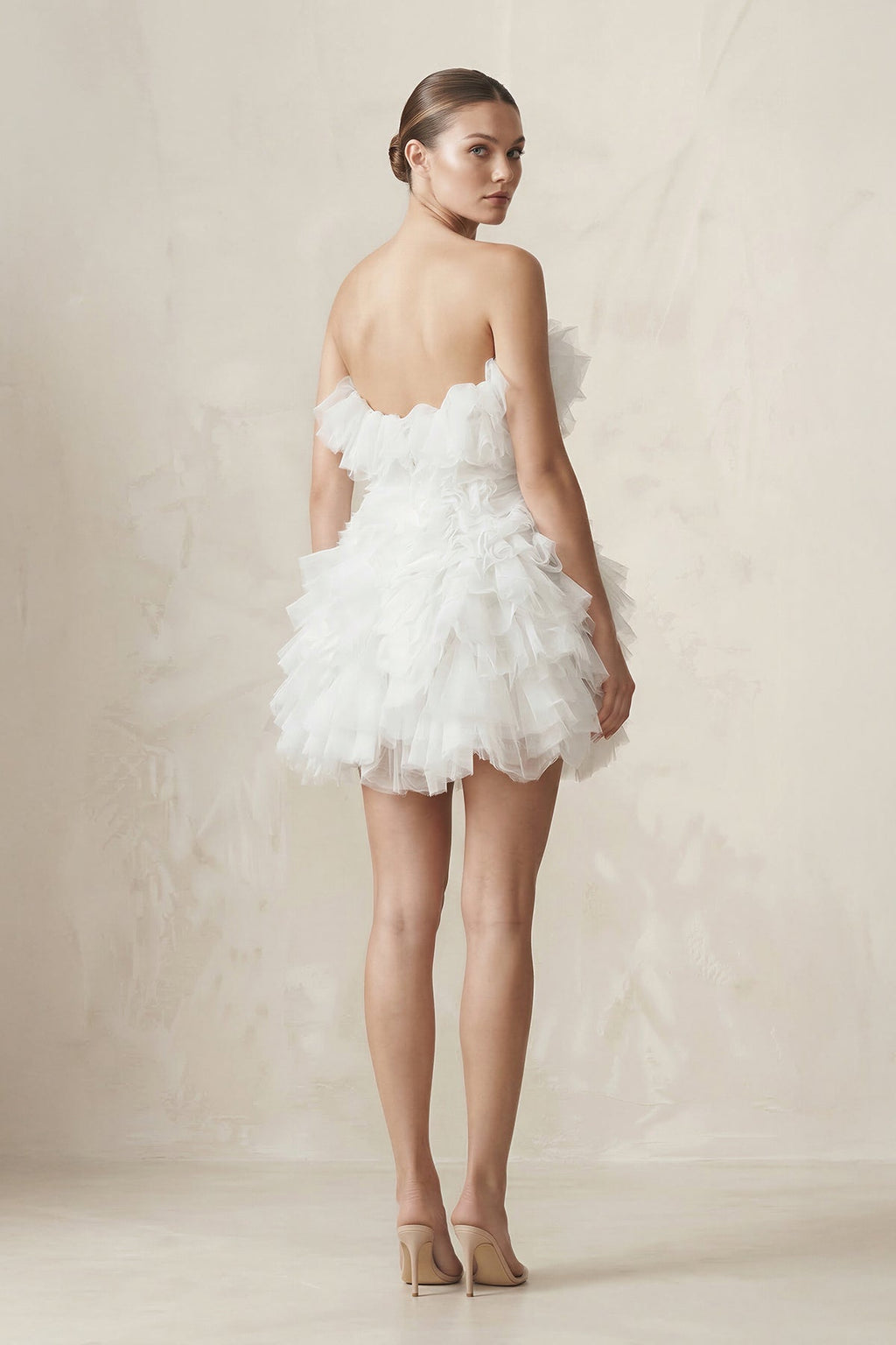 Strapless Organza Ruffled Bow Mini Wedding Dress in White - SHE IS ME Wedding Dresses