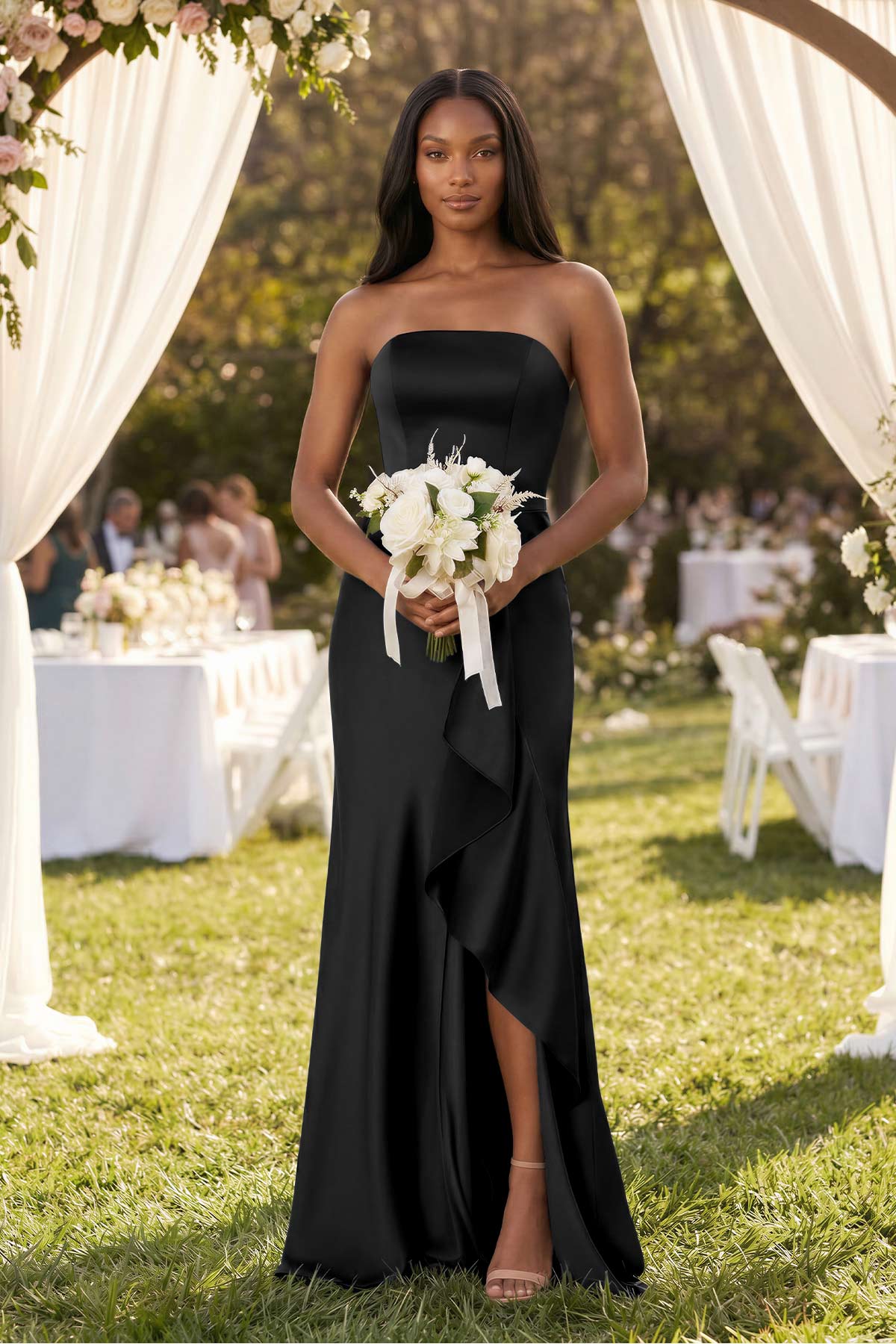 Strapless Ruffled Sheath Bridesmaid Dress in Black - SHE IS ME Bridesmaid Dresses