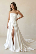 Strapless Satin A - Line Ruched Wedding Dress With Slit in White - SHE IS ME Wedding Dresses
