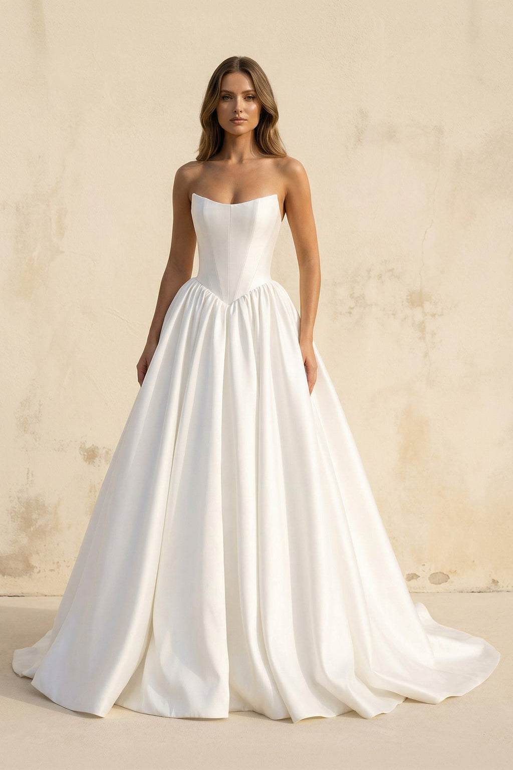 Strapless Satin A Line Wedding Dress in White - SHE IS ME Wedding Dresses
