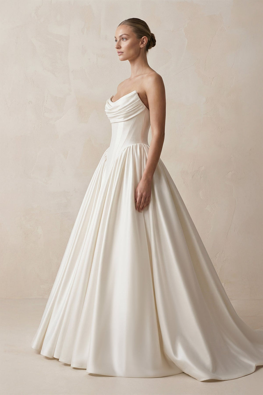 Strapless Satin Ball - Gown Corset Wedding Dress with Removable Sleeves in White - SHE IS ME Wedding Dresses