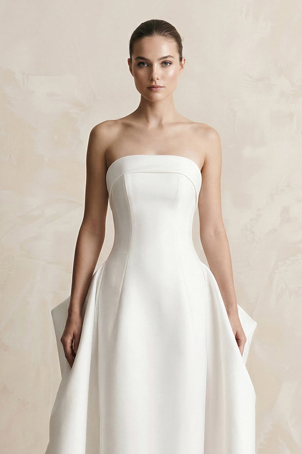 Strapless Satin Ball Gown Wedding Dress in White - SHE IS ME Wedding Dresses