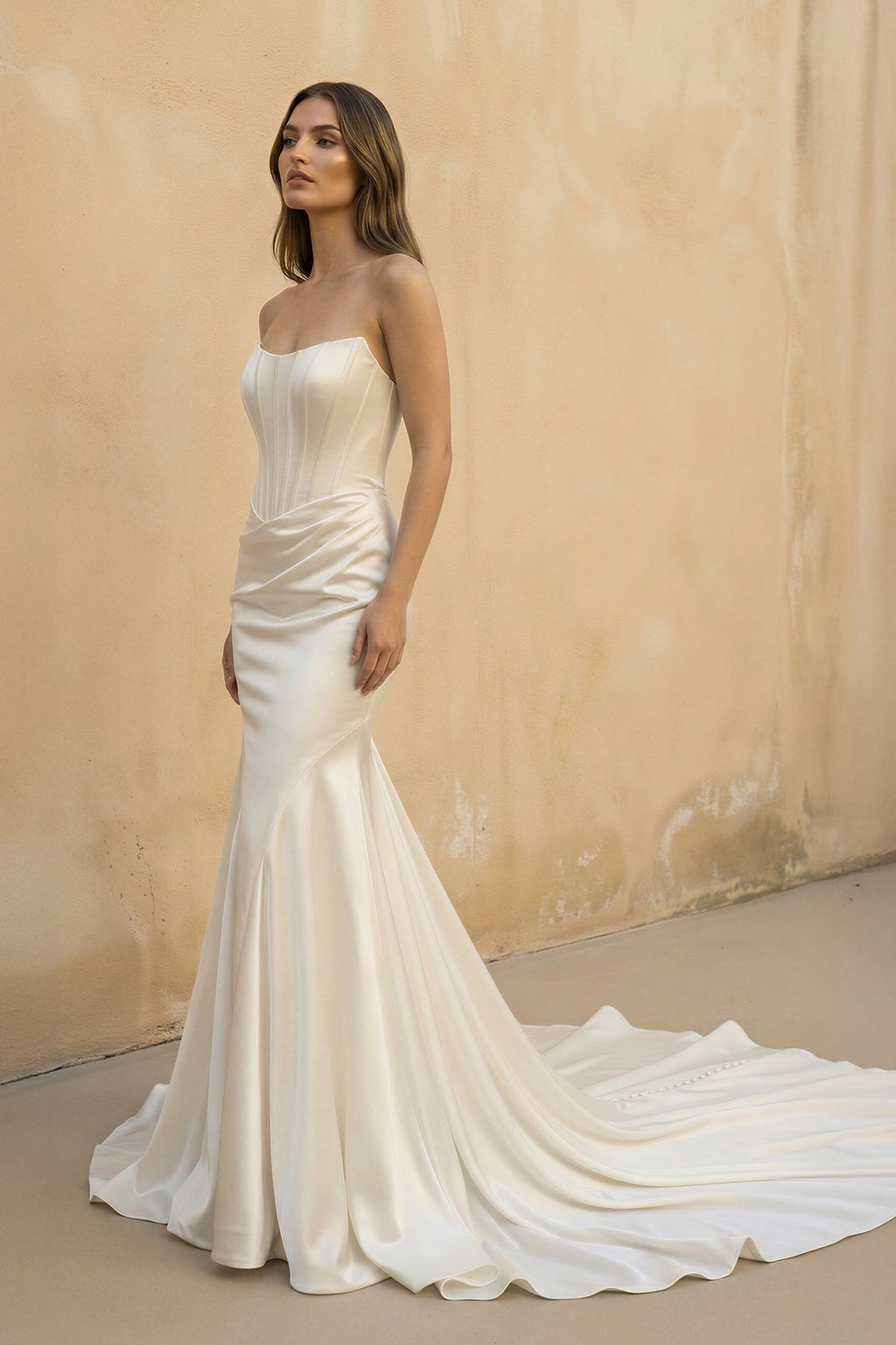 Strapless Satin Mermaid Corset Wedding Dress in Ivory - SHE IS ME Wedding Dresses