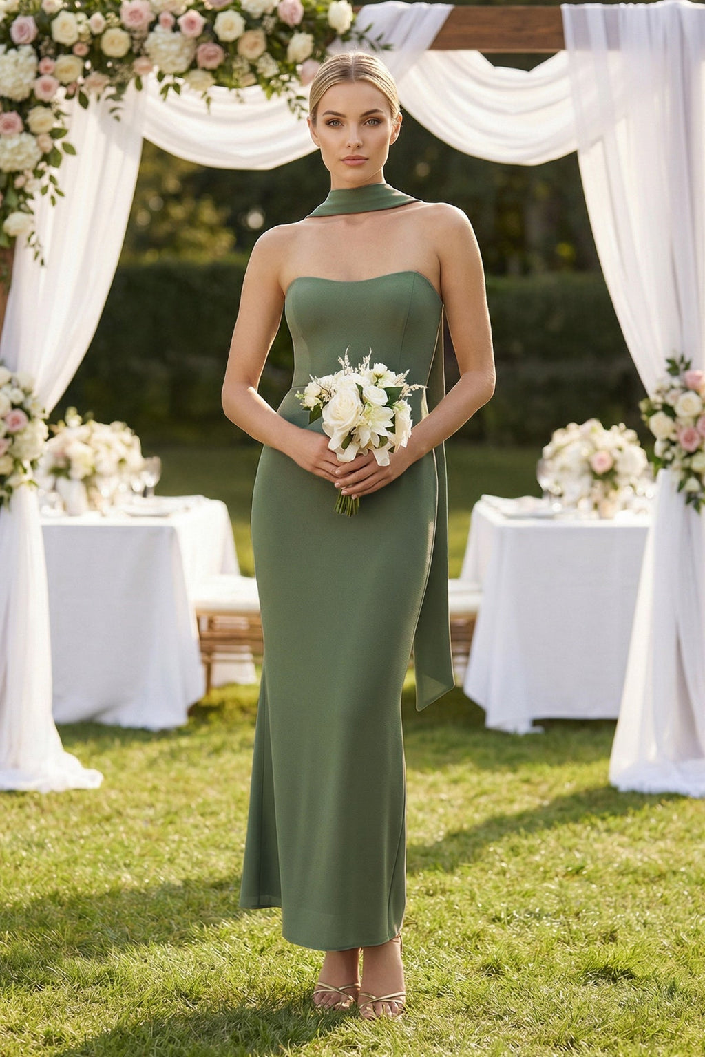 Strapless Sheath Midi Bridesmaid Dress With Ribbon in Thyme - SHE IS ME Bridesmaid Dresses