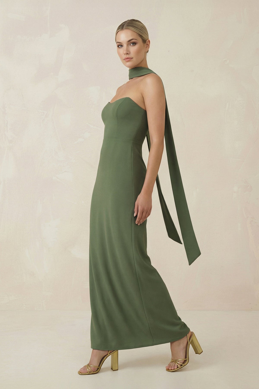 Strapless Sheath Midi Bridesmaid Dress With Ribbon in Thyme - SHE IS ME Bridesmaid Dresses
