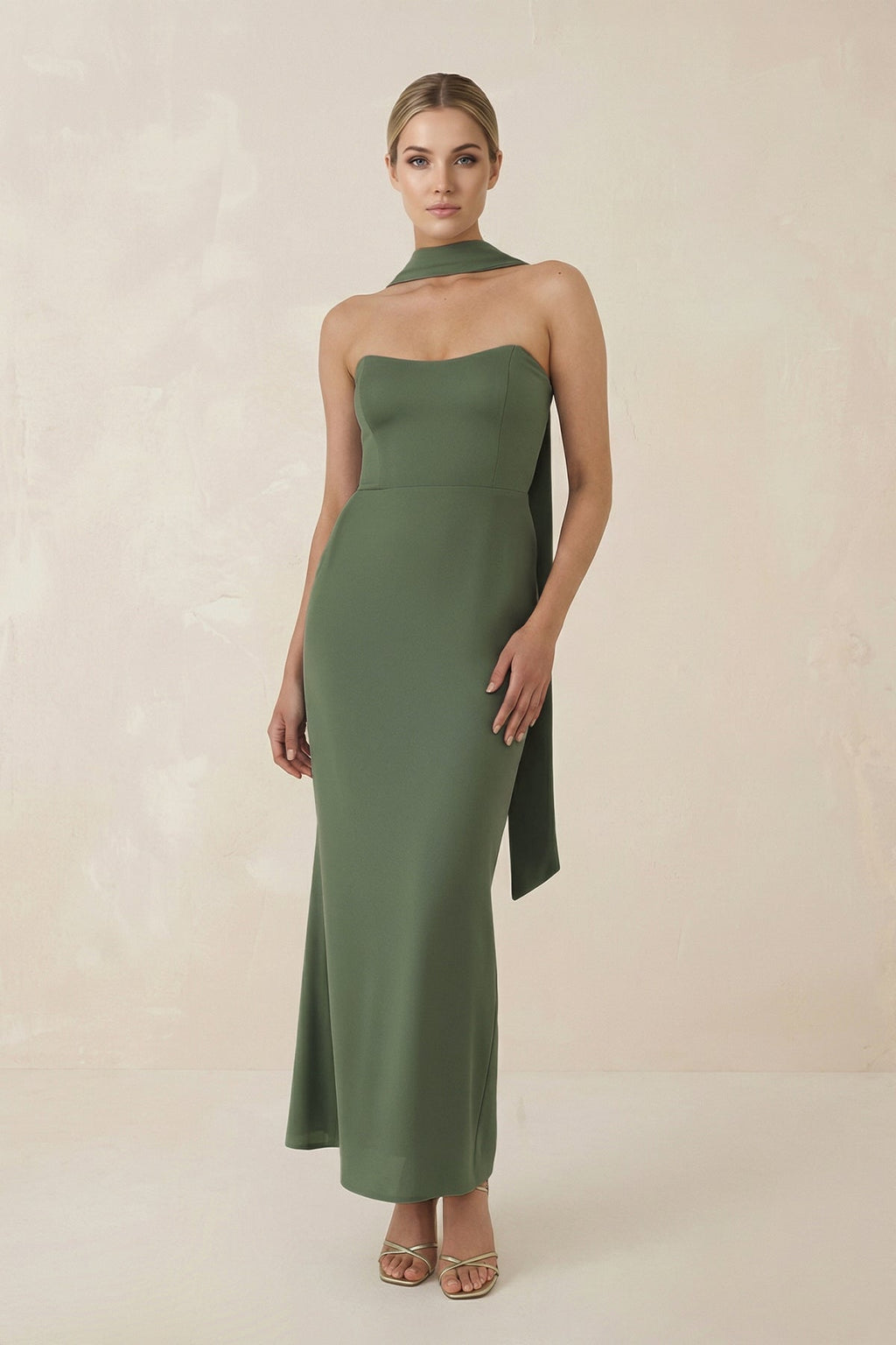 Strapless Sheath Midi Bridesmaid Dress With Ribbon in Thyme - SHE IS ME Bridesmaid Dresses