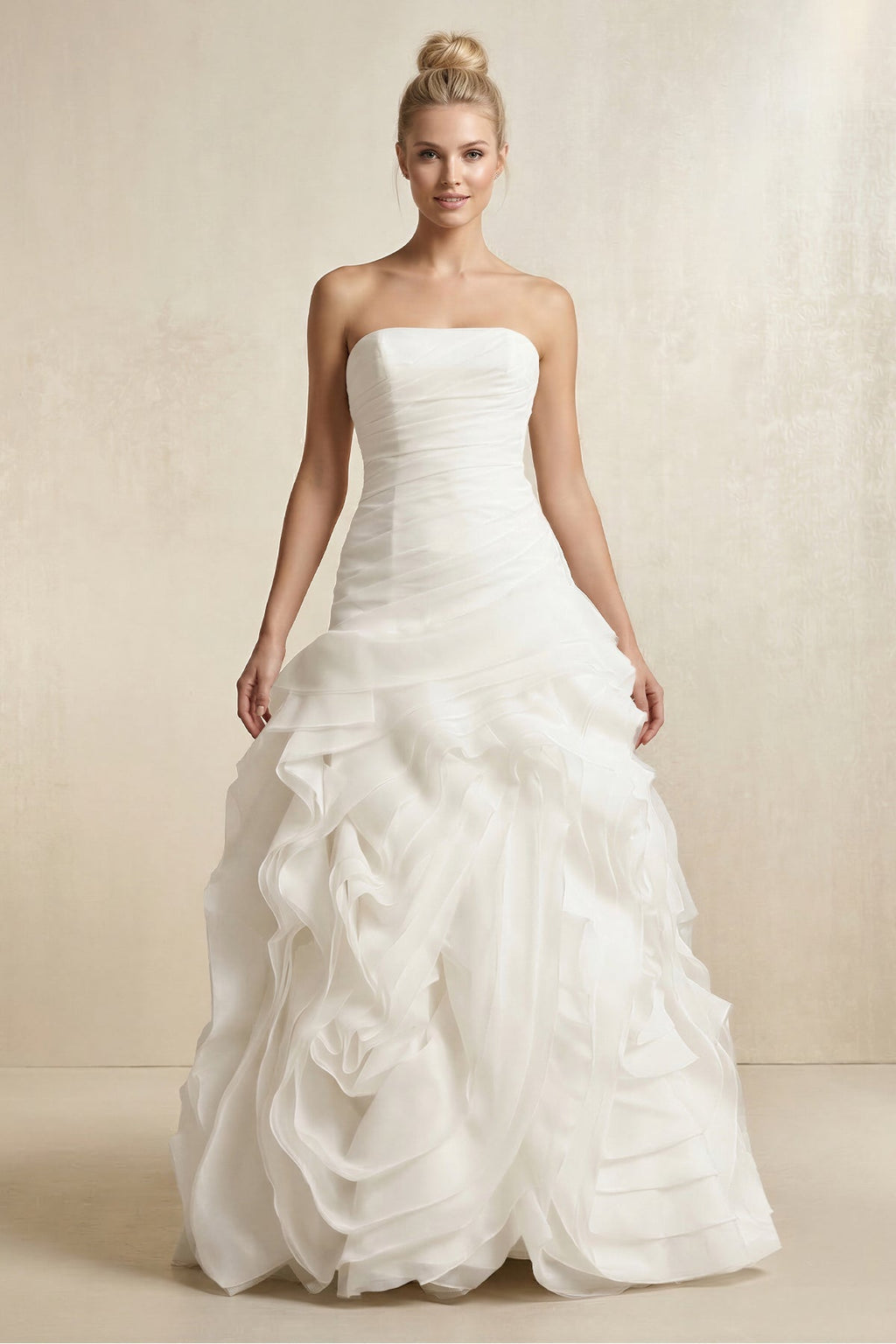 Strapless Tulle A - Line Pleated Ruffled Wedding Dress in White - SHE IS ME Wedding Dresses