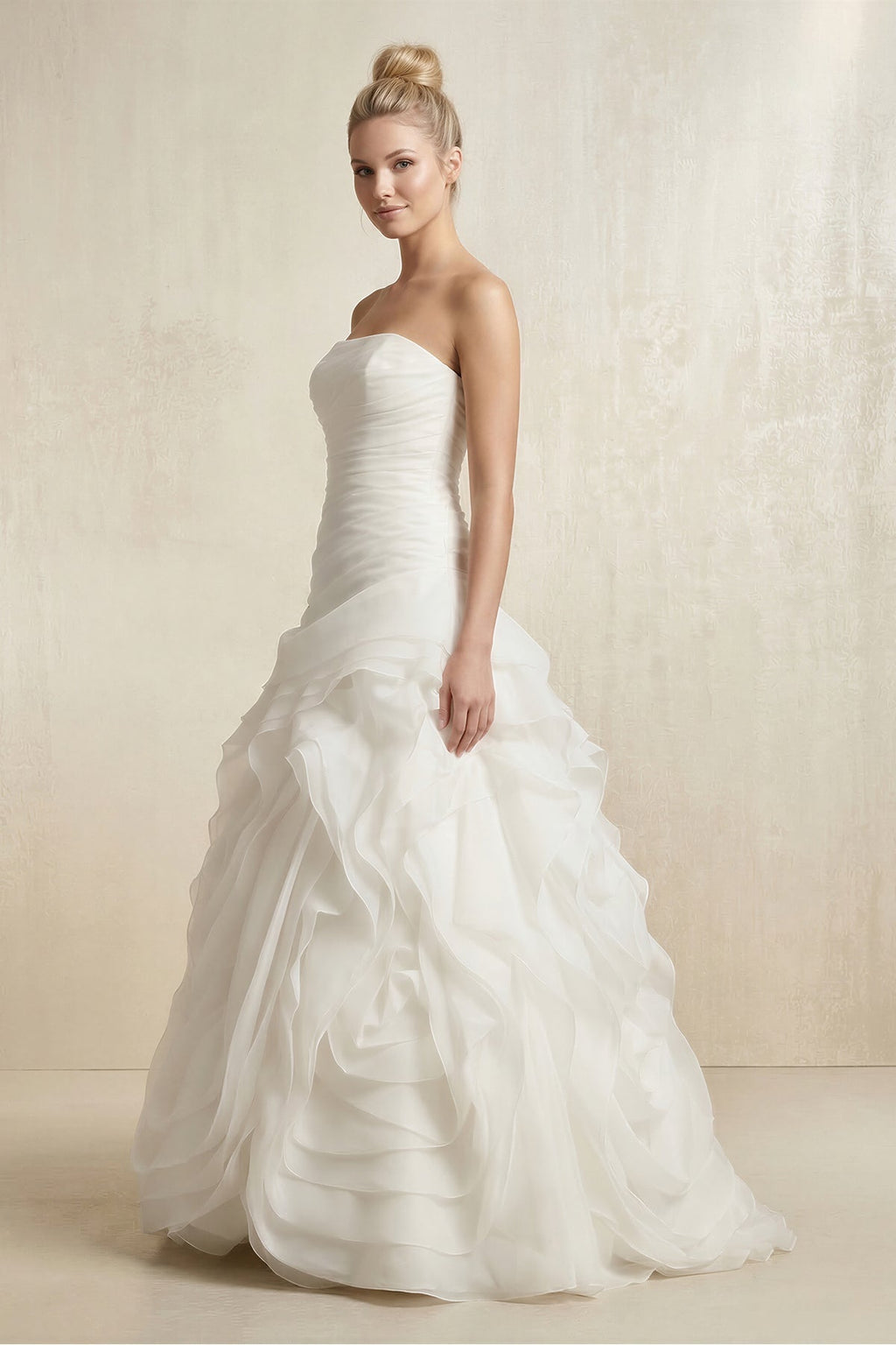 Strapless Tulle A - Line Pleated Ruffled Wedding Dress in White - SHE IS ME Wedding Dresses
