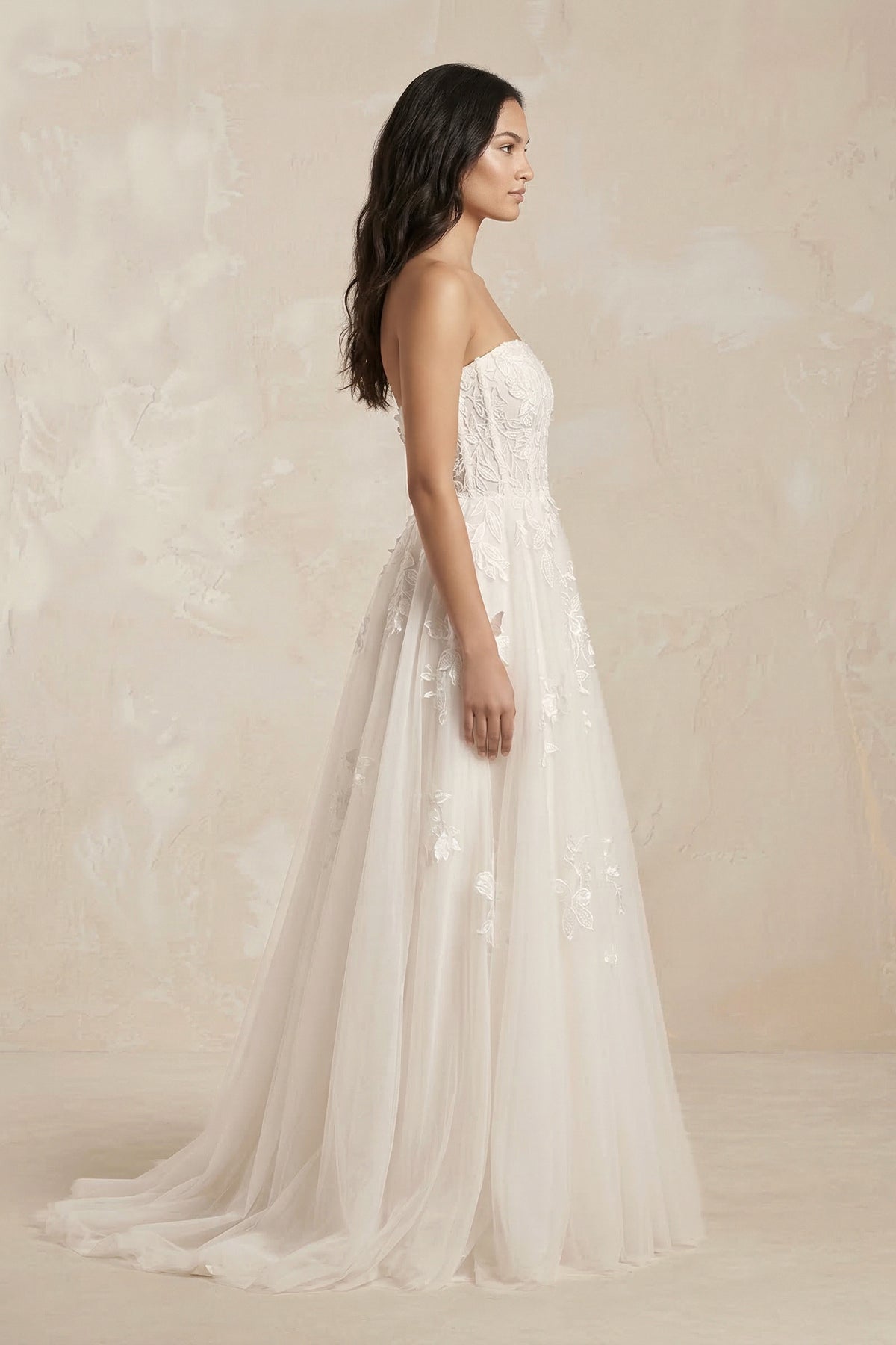 Strapless Tulle Corset A - Line Appliqued Wedding Dress in Ivory - SHE IS ME Wedding Dresses
