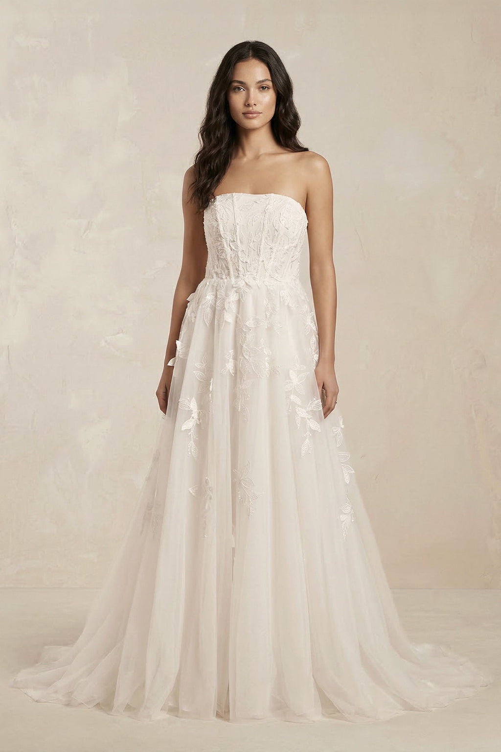 Strapless Tulle Corset A - Line Appliqued Wedding Dress in Ivory - SHE IS ME Wedding Dresses