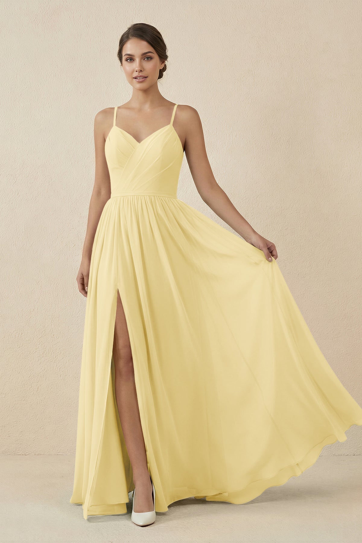 Sweetheart A - Line Chiffon Bridesmaid Dress in Pastel Yellow - SHE IS ME Bridesmaid Dresses