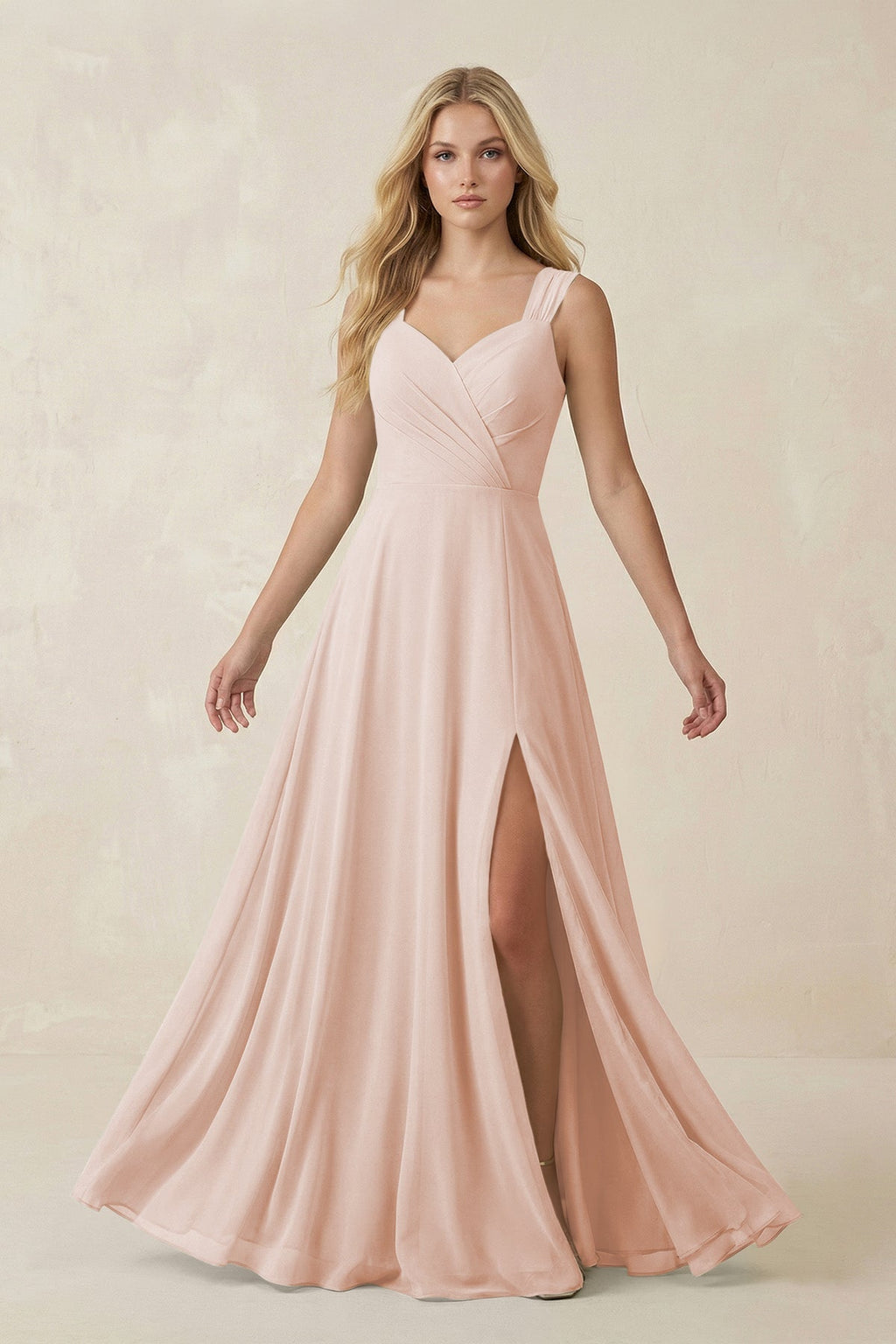 Sweetheart A - Line Chiffon Long Bridesmaid Dress in Pale Blush - SHE IS ME Bridesmaid Dresses