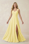 Sweetheart A - Line Chiffon Long Bridesmaid Dress in Pastel Yellow - SHE IS ME Bridesmaid Dresses
