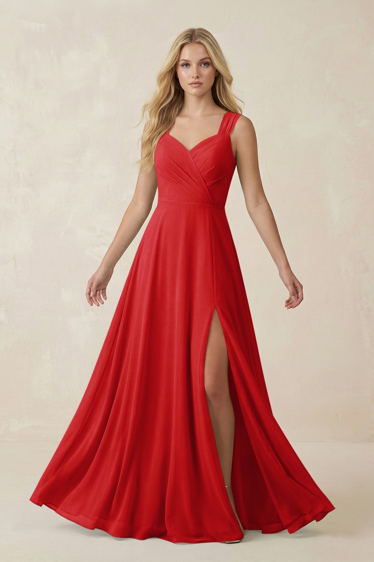 Sweetheart A - Line Chiffon Long Bridesmaid Dress in Ruby Red - SHE IS ME Bridesmaid Dresses
