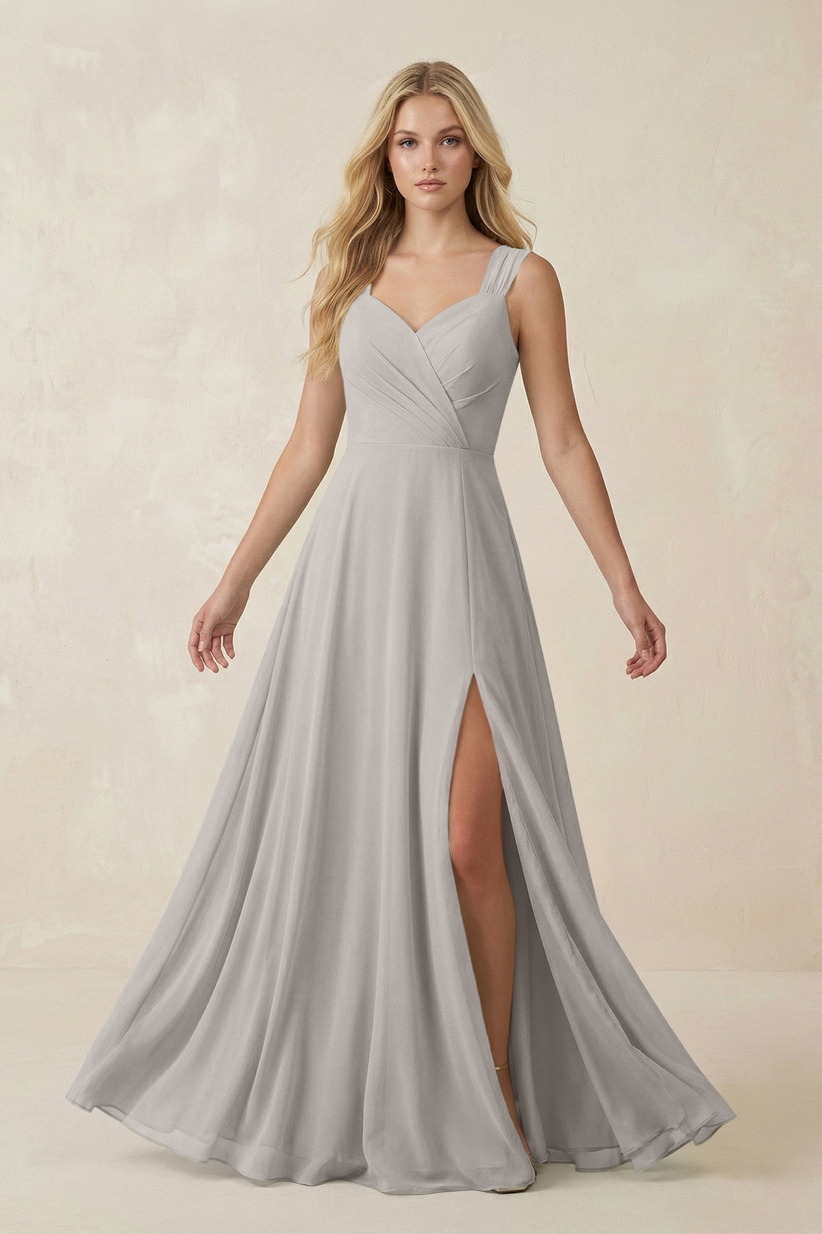 Sweetheart A - Line Chiffon Long Bridesmaid Dress in Silver - SHE IS ME Bridesmaid Dresses