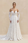 Sweetheart A - Line Floral Lace Long Sleeve Wedding Dress in Ivory - SHE IS ME Wedding Dresses