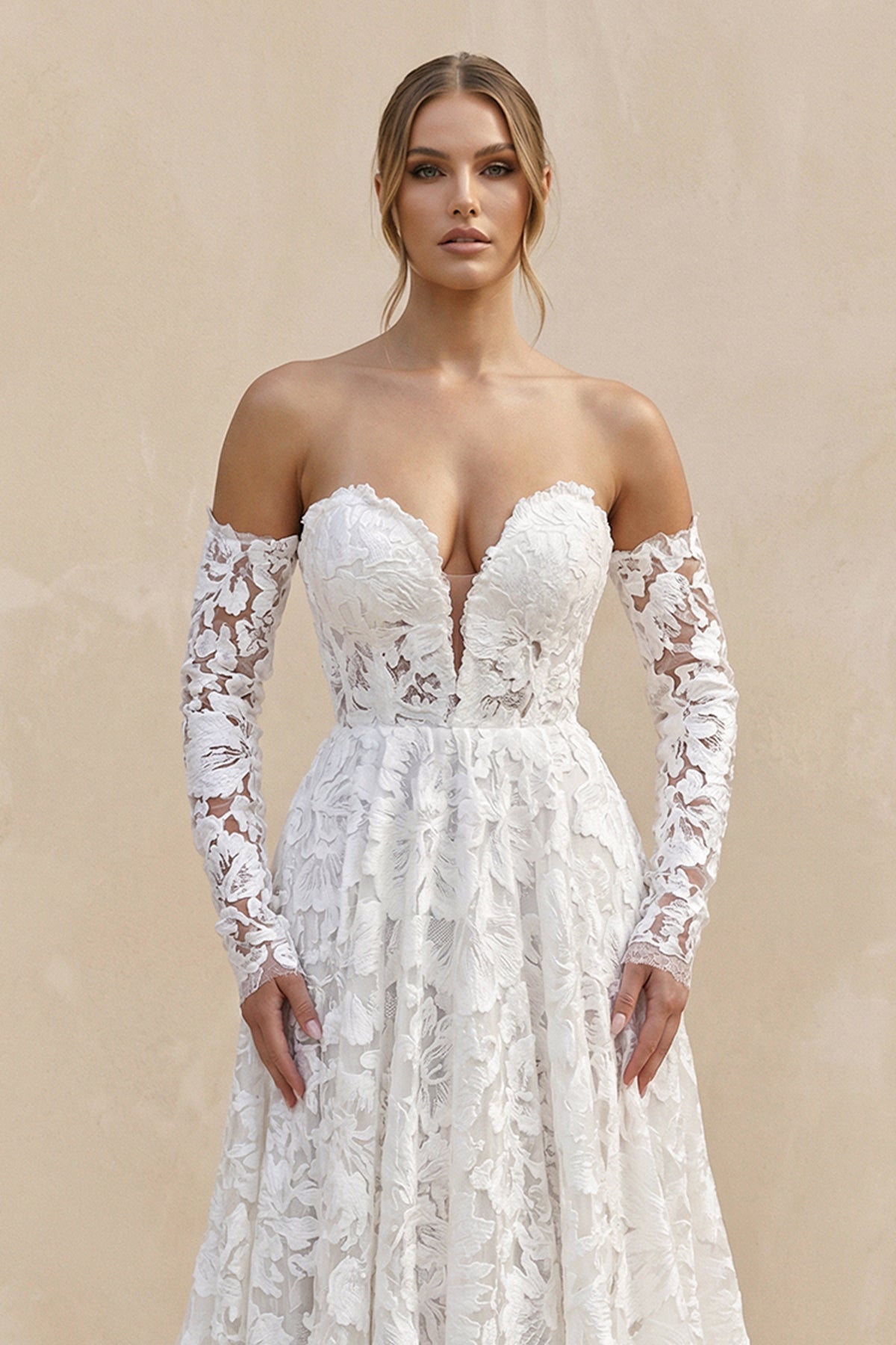 Sweetheart A - Line Floral Lace Long Sleeve Wedding Dress in Ivory - SHE IS ME Wedding Dresses
