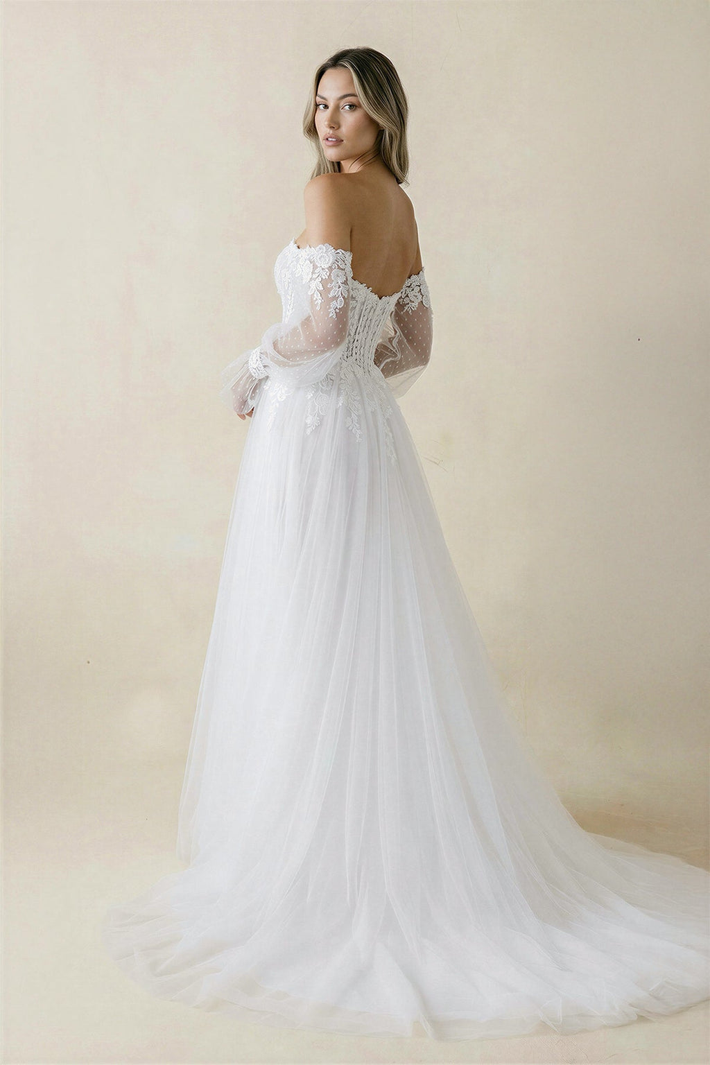 Sweetheart A Line Long Sleeves Tulle Wedding Dress in White - SHE IS ME Wedding Dresses