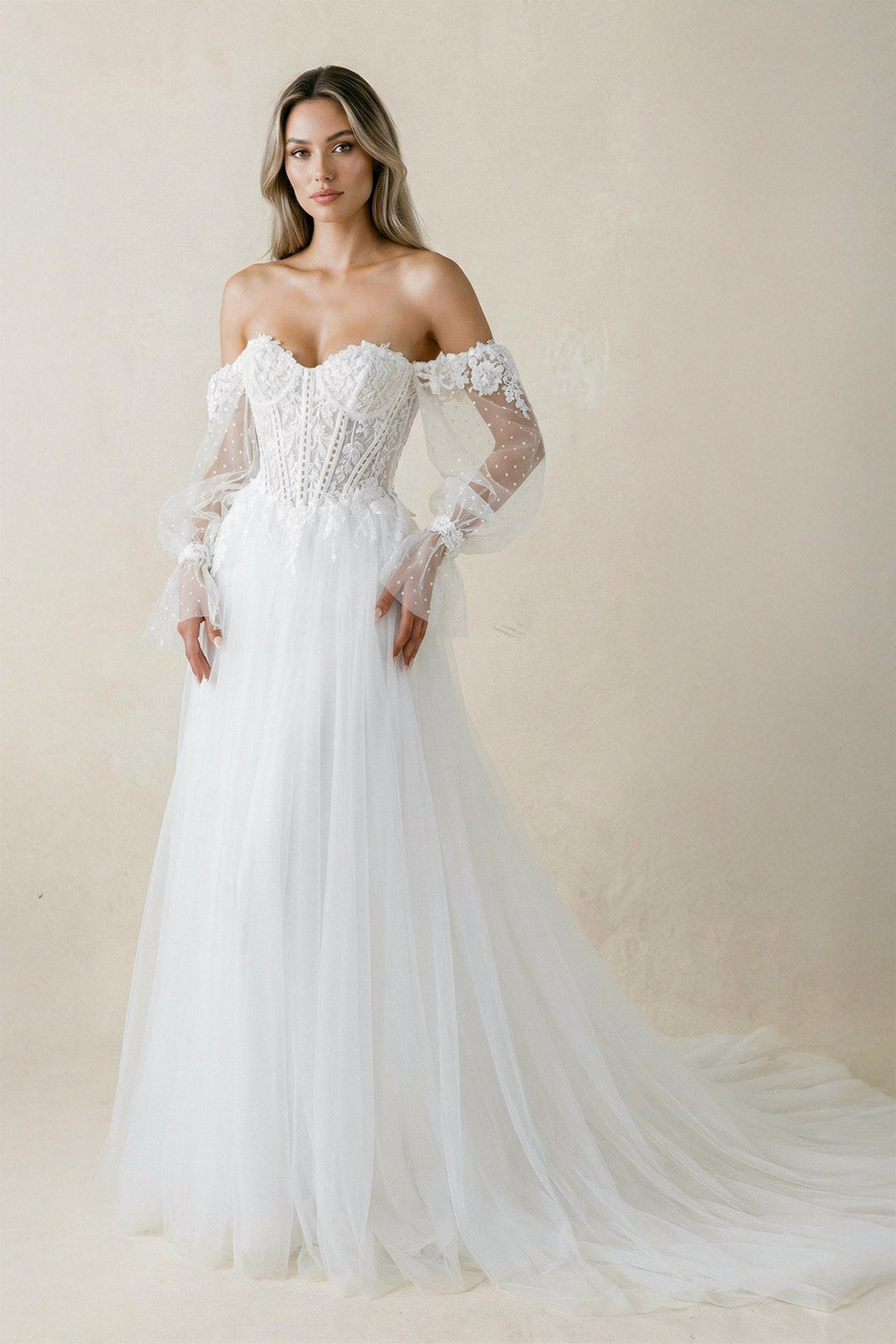 Sweetheart A Line Long Sleeves Tulle Wedding Dress in White - SHE IS ME Wedding Dresses