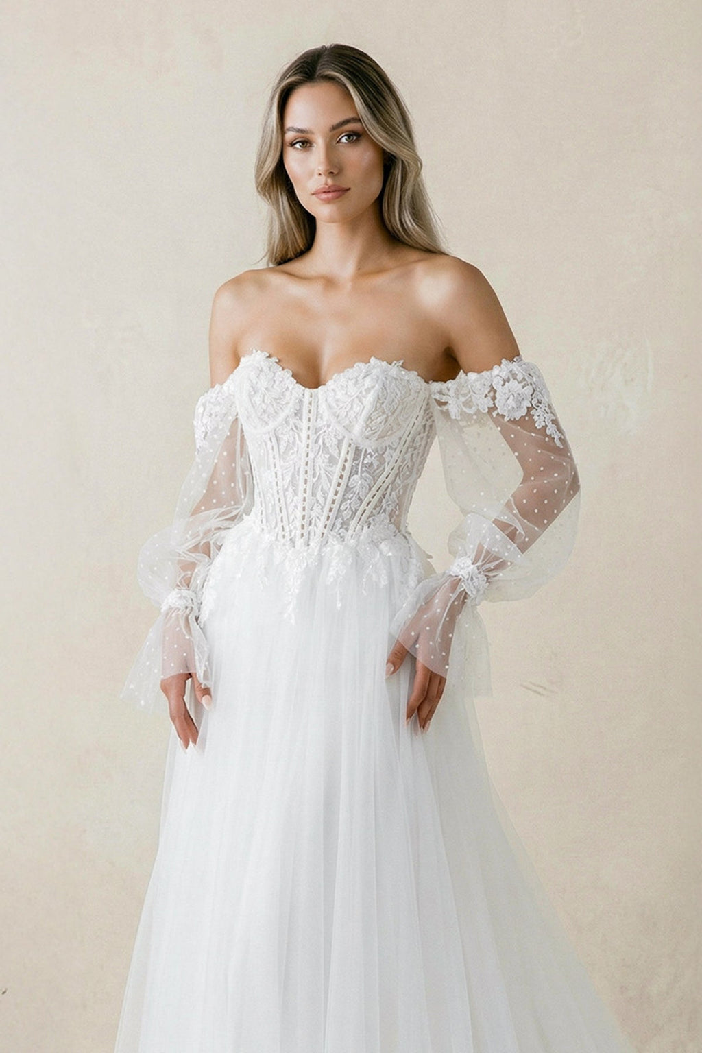 Sweetheart A Line Long Sleeves Tulle Wedding Dress in White - SHE IS ME Wedding Dresses