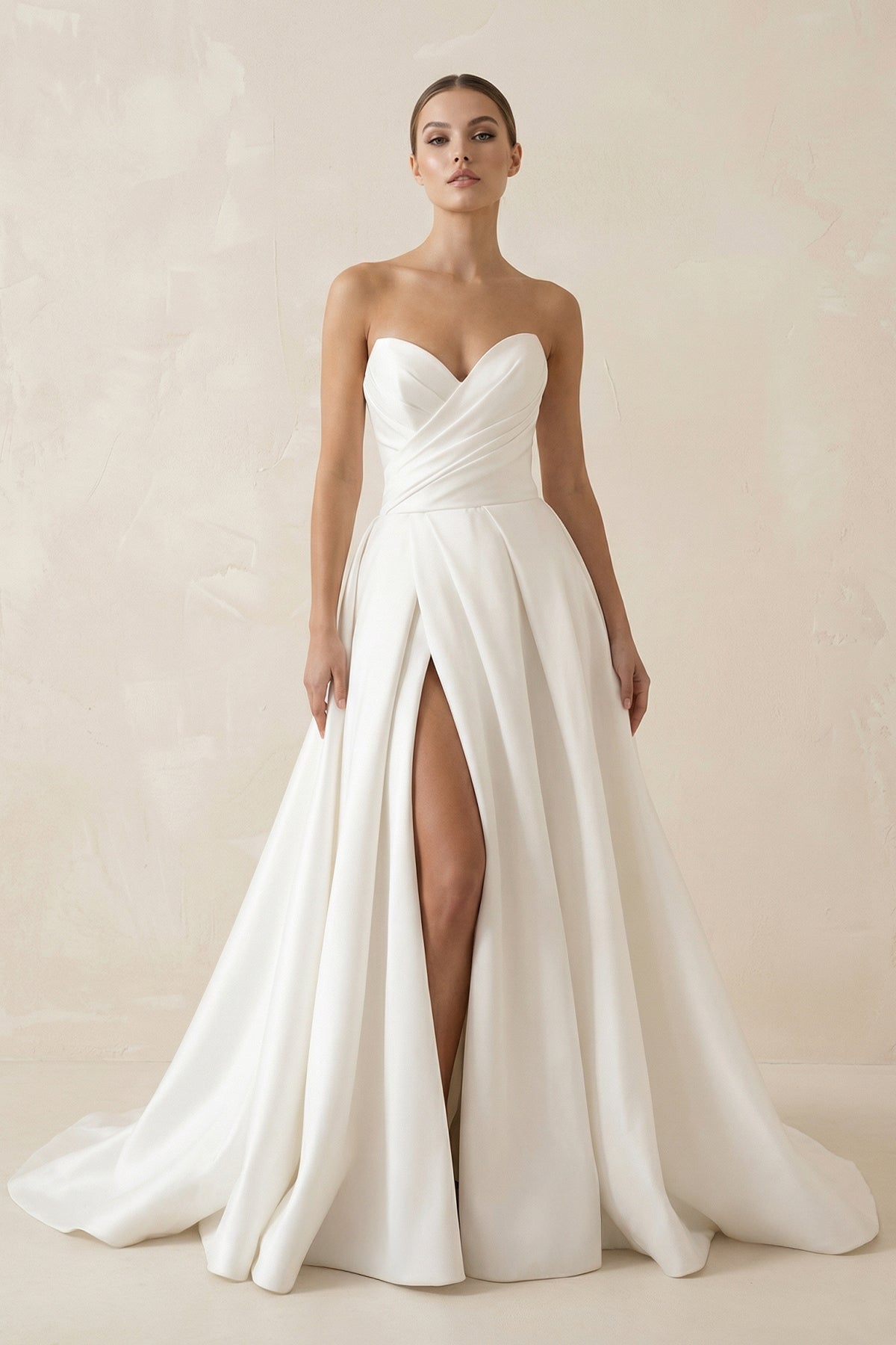 Sweetheart A - Line Ruched Satin Wedding Dress in White - SHE IS ME Wedding Dresses