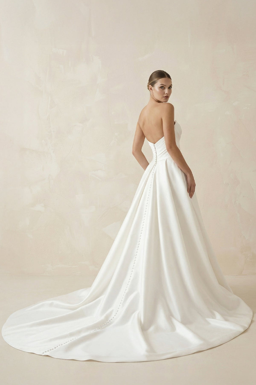 Sweetheart A - Line Ruched Satin Wedding Dress in White - SHE IS ME Wedding Dresses