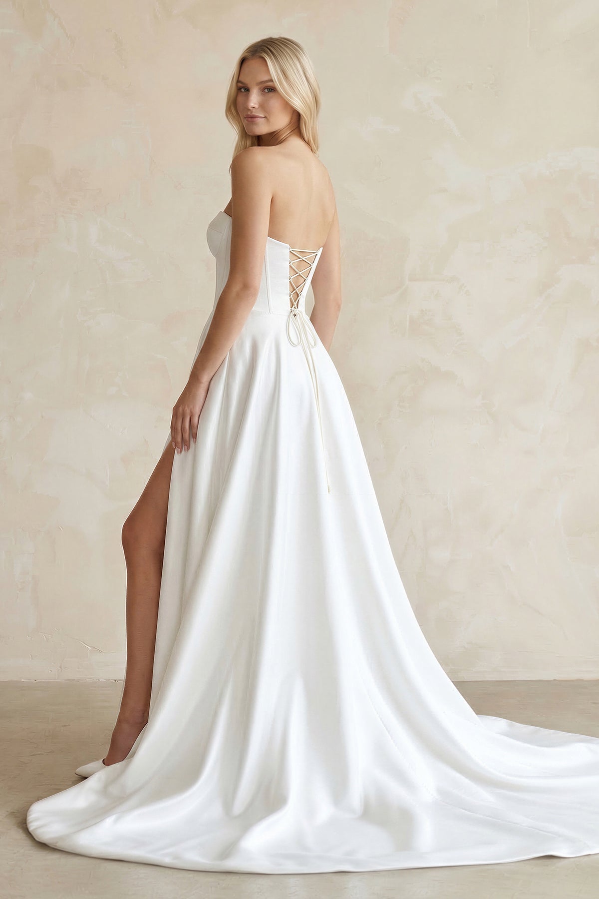 Sweetheart A - Line Satin Corset Wedding Dress with Slit in White - SHE IS ME Wedding Dresses