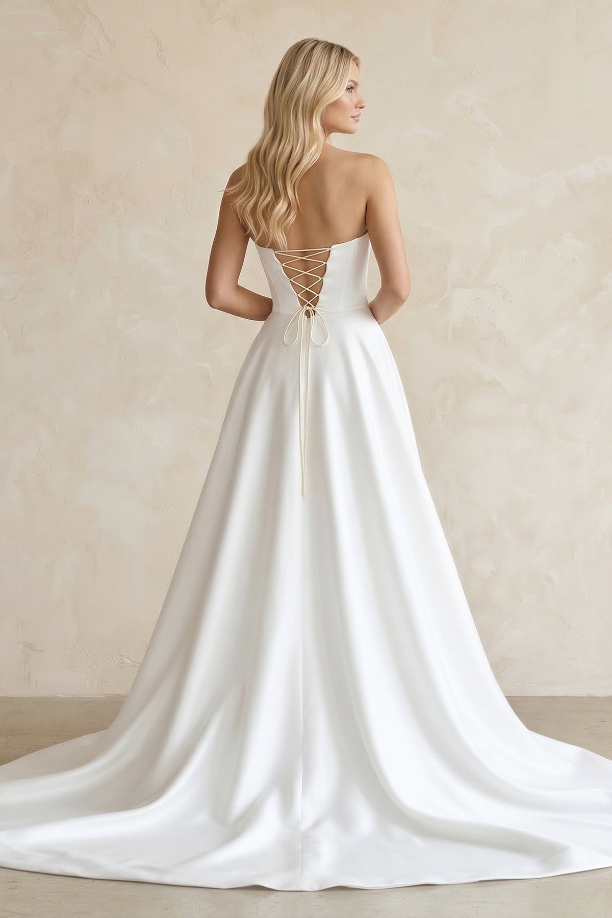 Sweetheart A - Line Satin Corset Wedding Dress with Slit in White - SHE IS ME Wedding Dresses