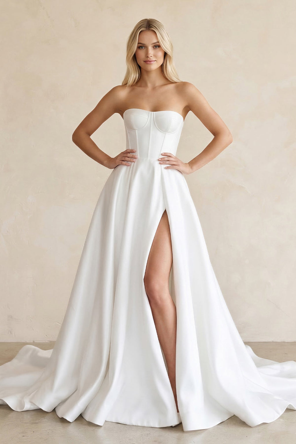 Sweetheart A - Line Satin Corset Wedding Dress with Slit in White - SHE IS ME Wedding Dresses