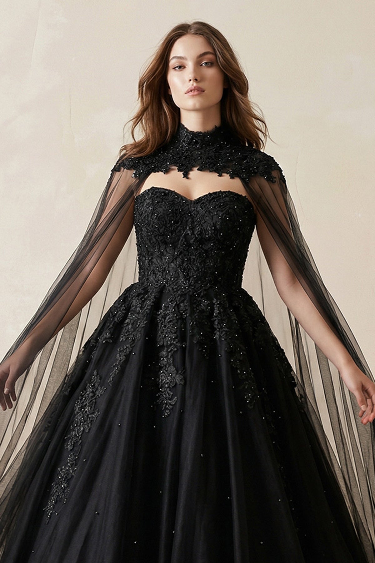 Sweetheart Appliqued Beaded Tulle Wedding Dress in Black - SHE IS ME Wedding Dresses