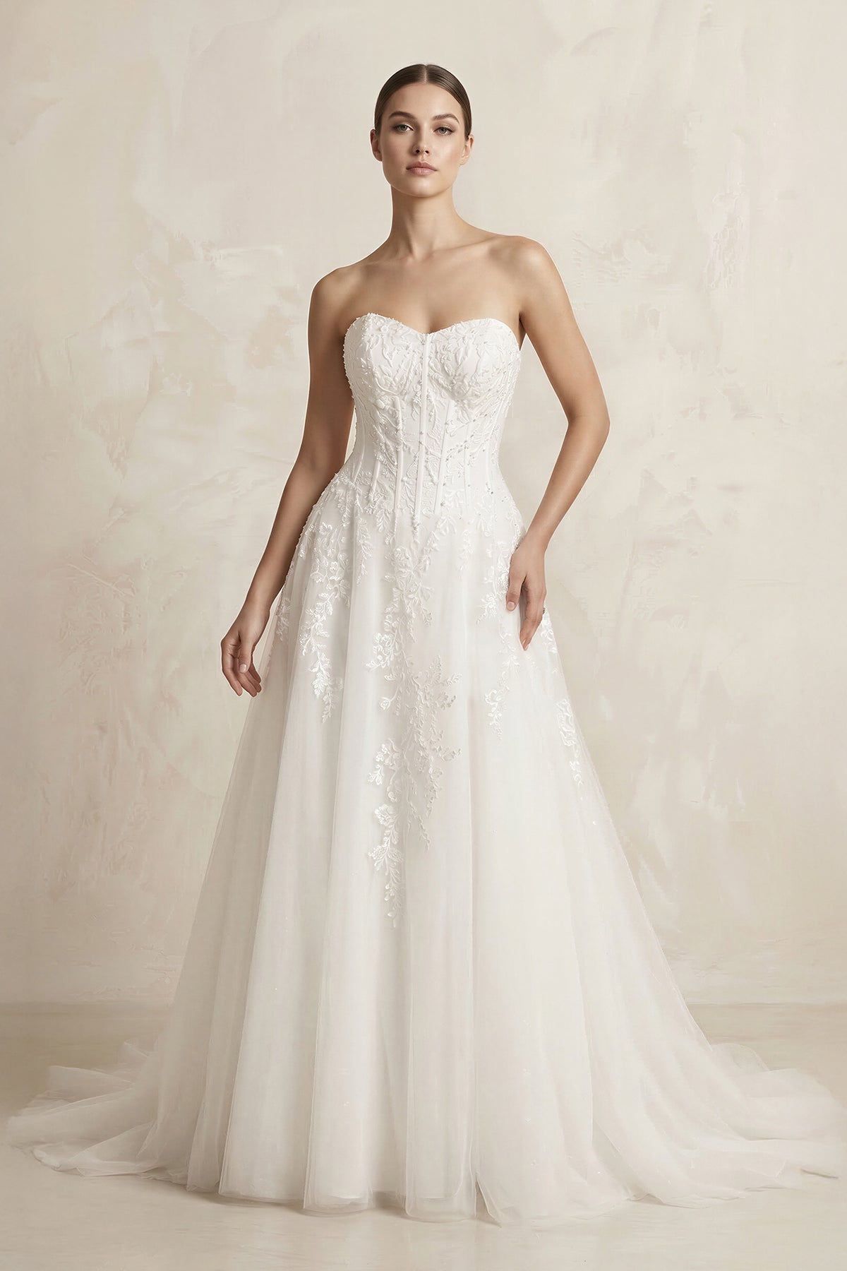 Sweetheart Appliqued Tulle A - Line Wedding Dress in White - SHE IS ME Wedding Dresses