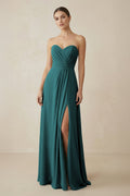 Sweetheart Chiffon A - Line Bridesmaid Dress with Slit in Pine - SHE IS ME Bridesmaid Dresses