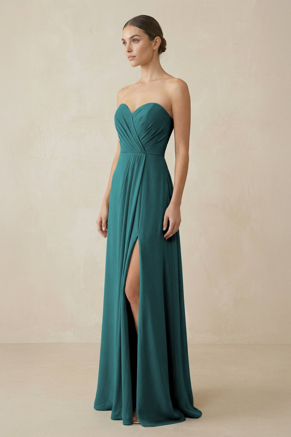 Sweetheart Chiffon A - Line Bridesmaid Dress with Slit in Pine - SHE IS ME Bridesmaid Dresses