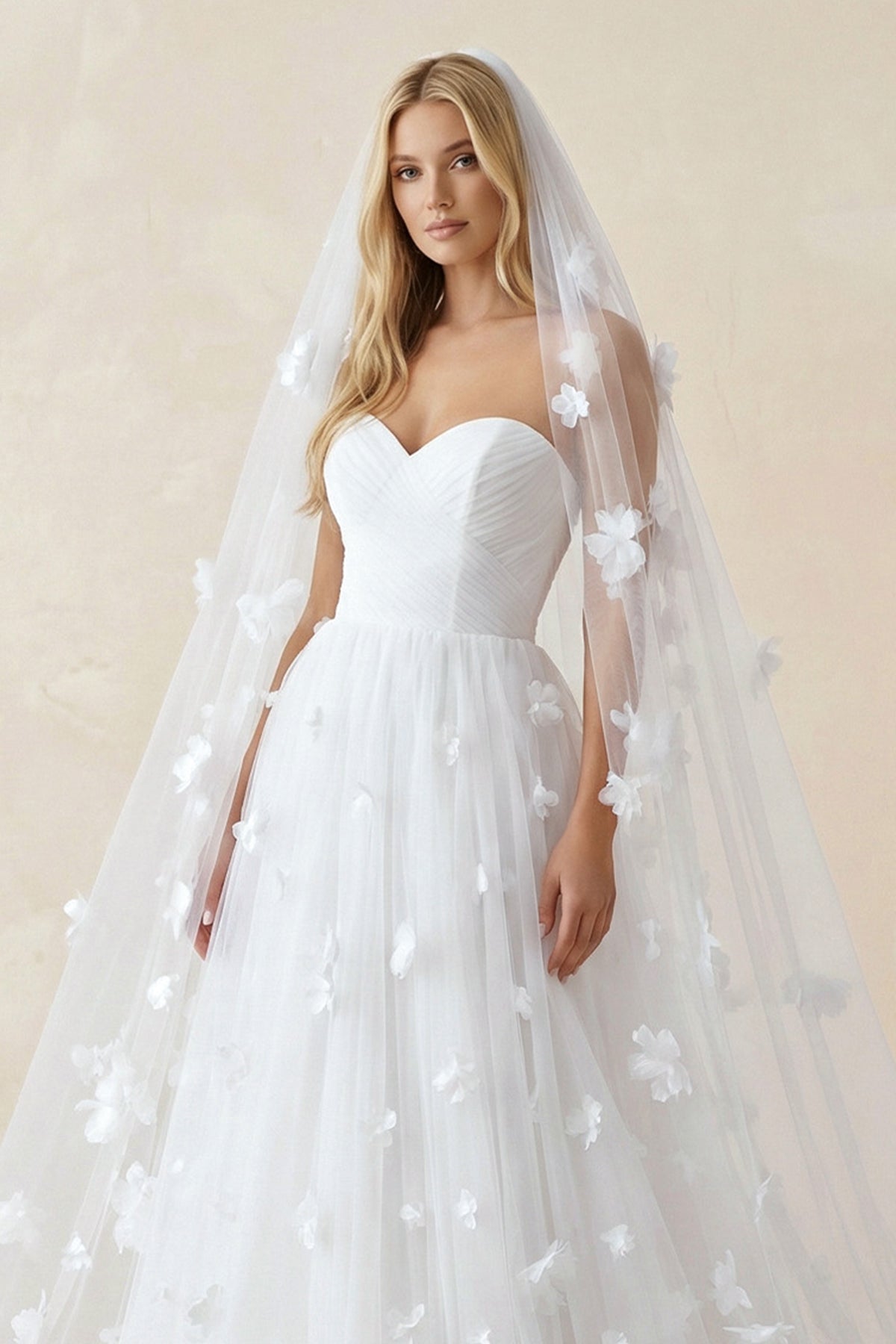 Sweetheart Flower Tulle A - Line Wedding Dress in White - SHE IS ME Wedding Dresses