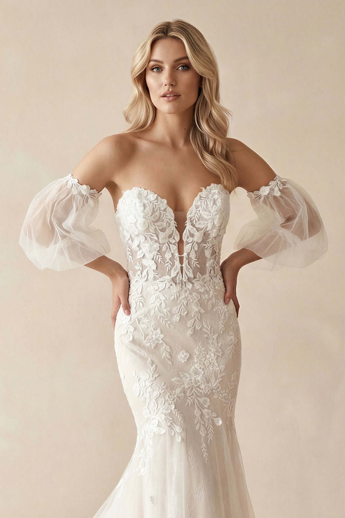 Sweetheart Mermaid Appliqued Tulle Wedding Dress in Ivory - SHE IS ME Wedding Dresses
