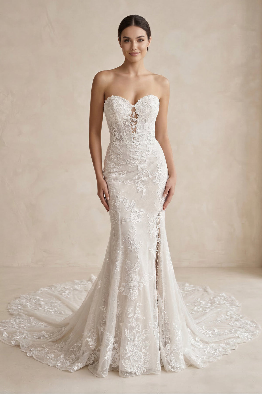Sweetheart Mermaid Lace Corset Maxi Wedding Dress With Slit in White - SHE IS ME Wedding Dresses