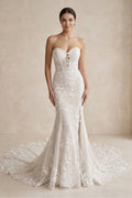 Sweetheart Mermaid Lace Corset Maxi Wedding Dress With Slit in White - SHE IS ME Wedding Dresses