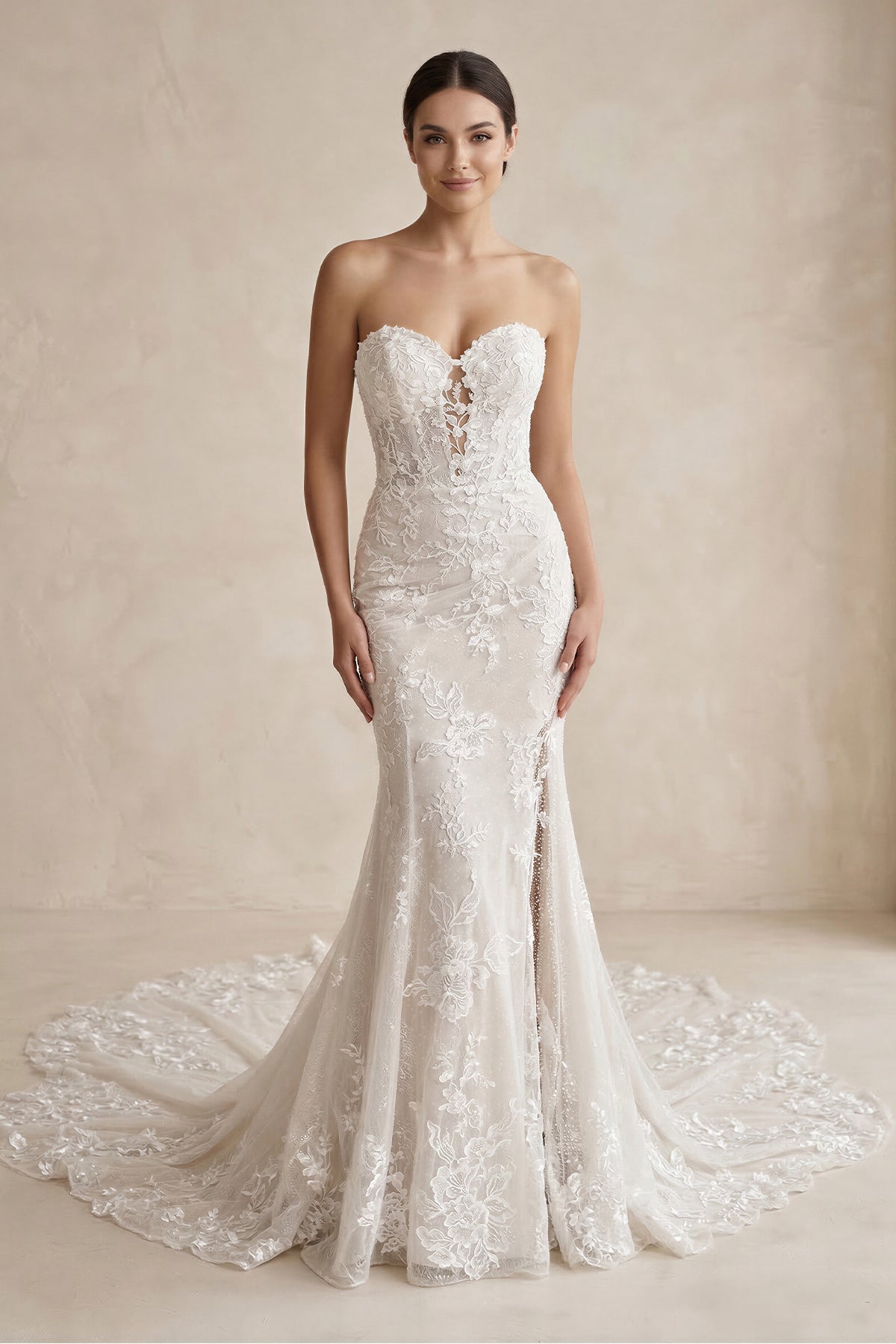 Sweetheart Mermaid Lace Corset Maxi Wedding Dress With Slit in White - SHE IS ME Wedding Dresses